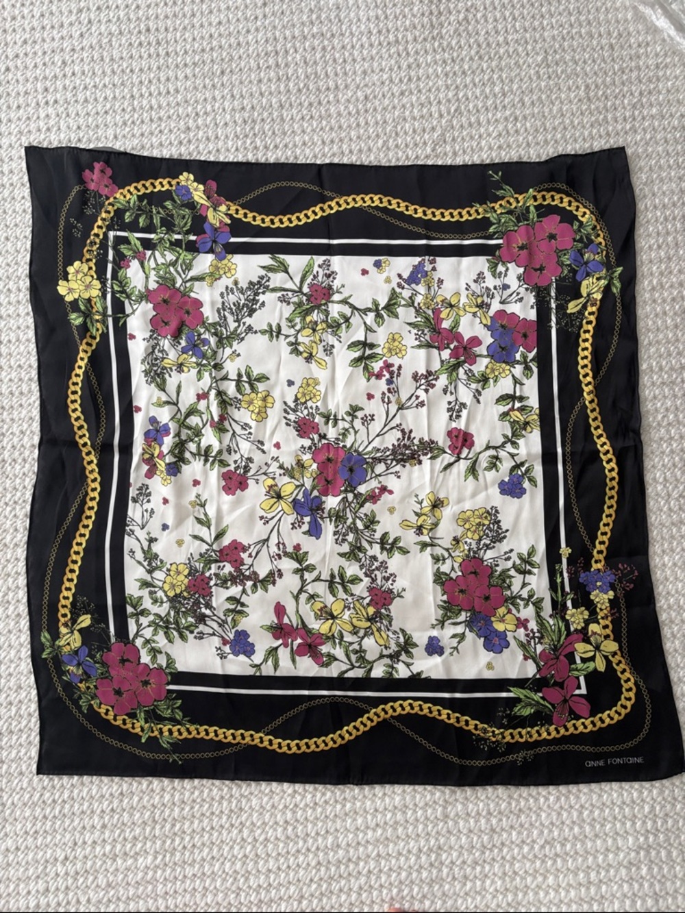 Anne Fontaine Black and White Silk Scarf with Pink, Yellow and Blue Floral Print